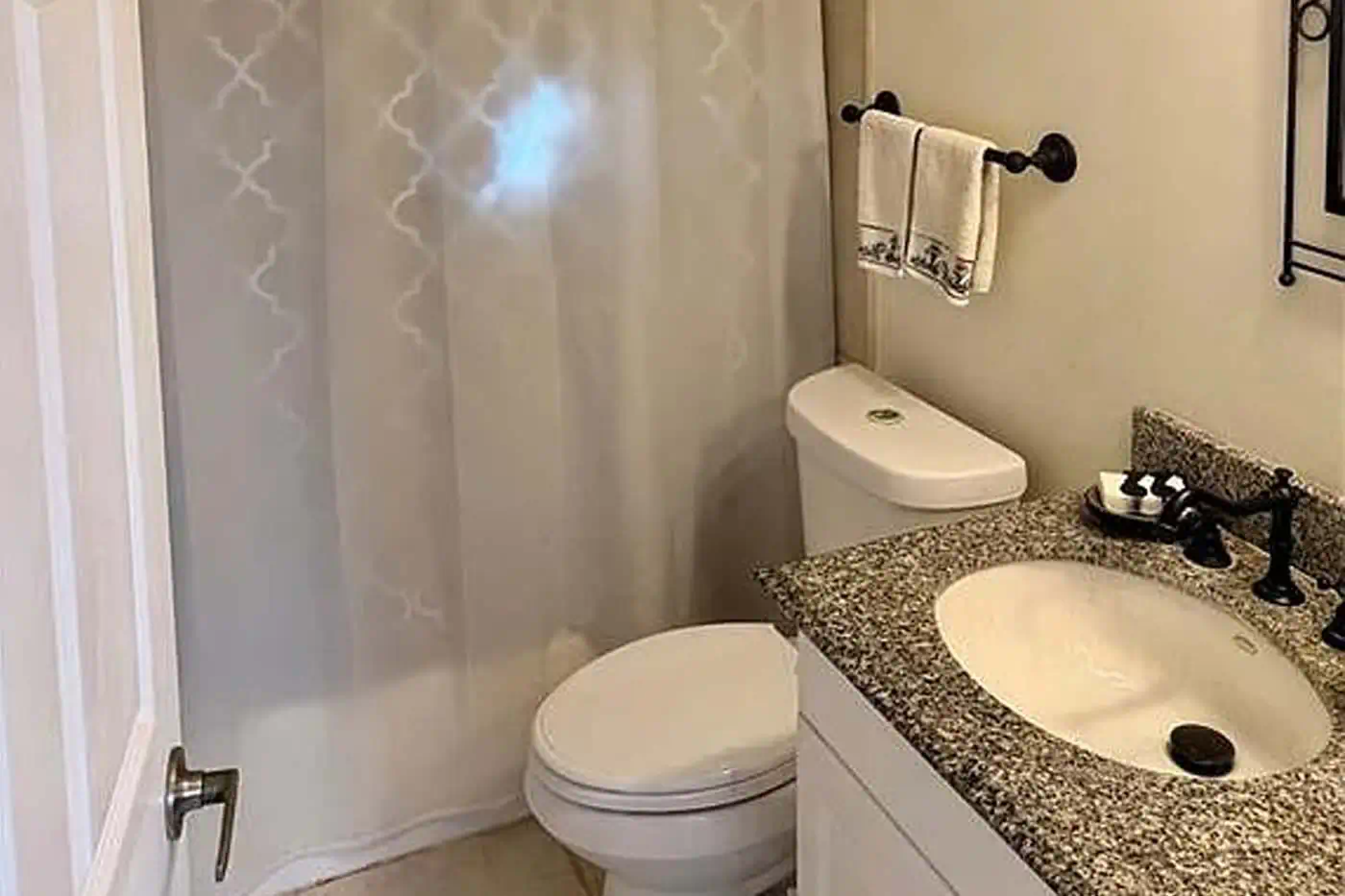 Bathroom with granite countertop vanity, shower curtain and modern fixtures at 5281 Teak Wood Drive, Logan Woods, Naples FL